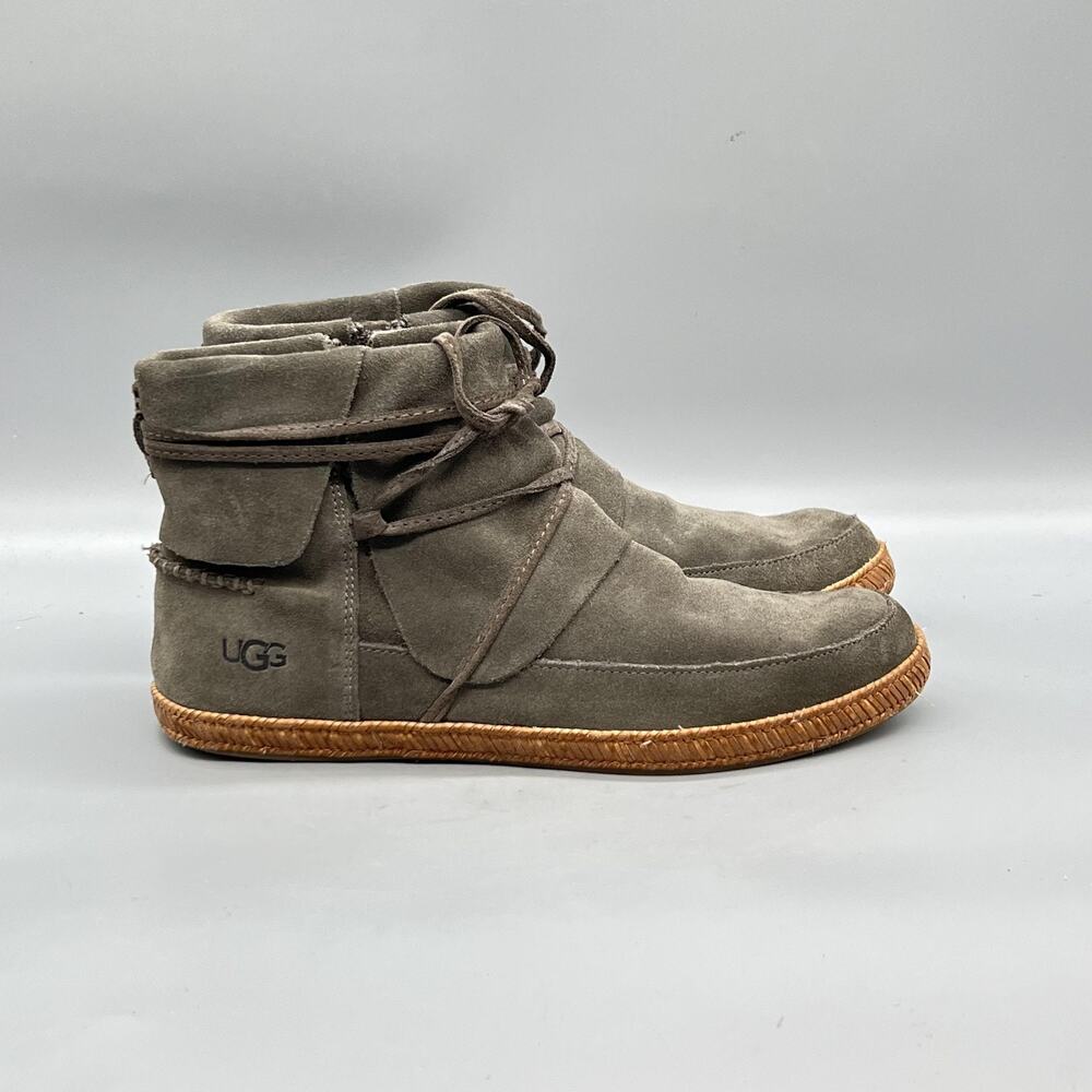 UGG Boots Womens 8 Gray Suede Reid Ankle Wrap Zip Wool Lined Booties Shoes